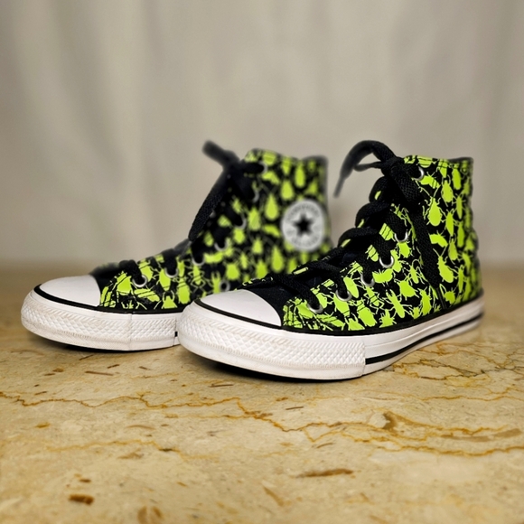 Converse All Star Black w/Neon Green Bugs Insects High-Top Sneaker Youth 2 - Picture 3 of 9